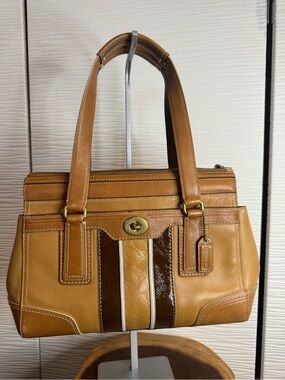 Vintage Y2K Coach Hampton Turnlock Signature Stripe Satchel Bag Tan Brown 11609